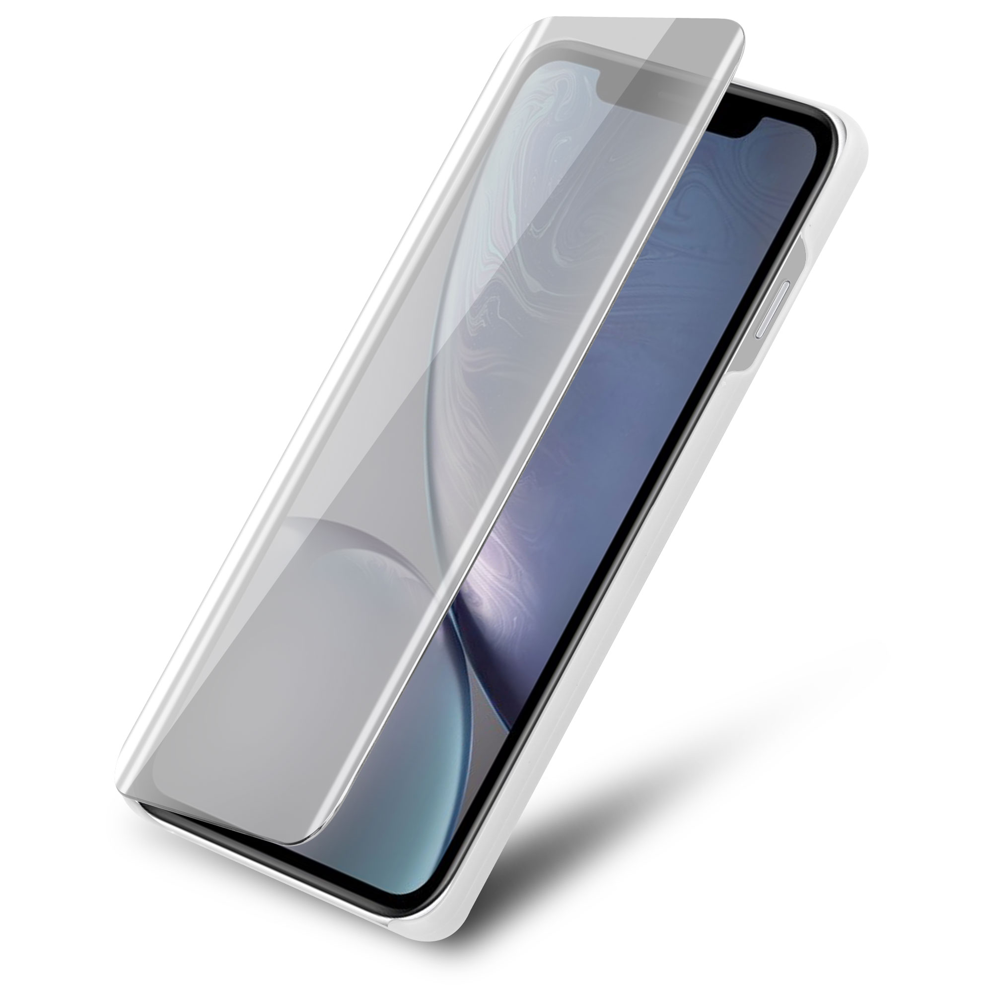 Eine Handyhülle wird geöffnet gezeigt und gibt ein Telefon frei. Die Hülle ist durchsichtig, das Telefon ist weiß mit dunklem Bildschirm.