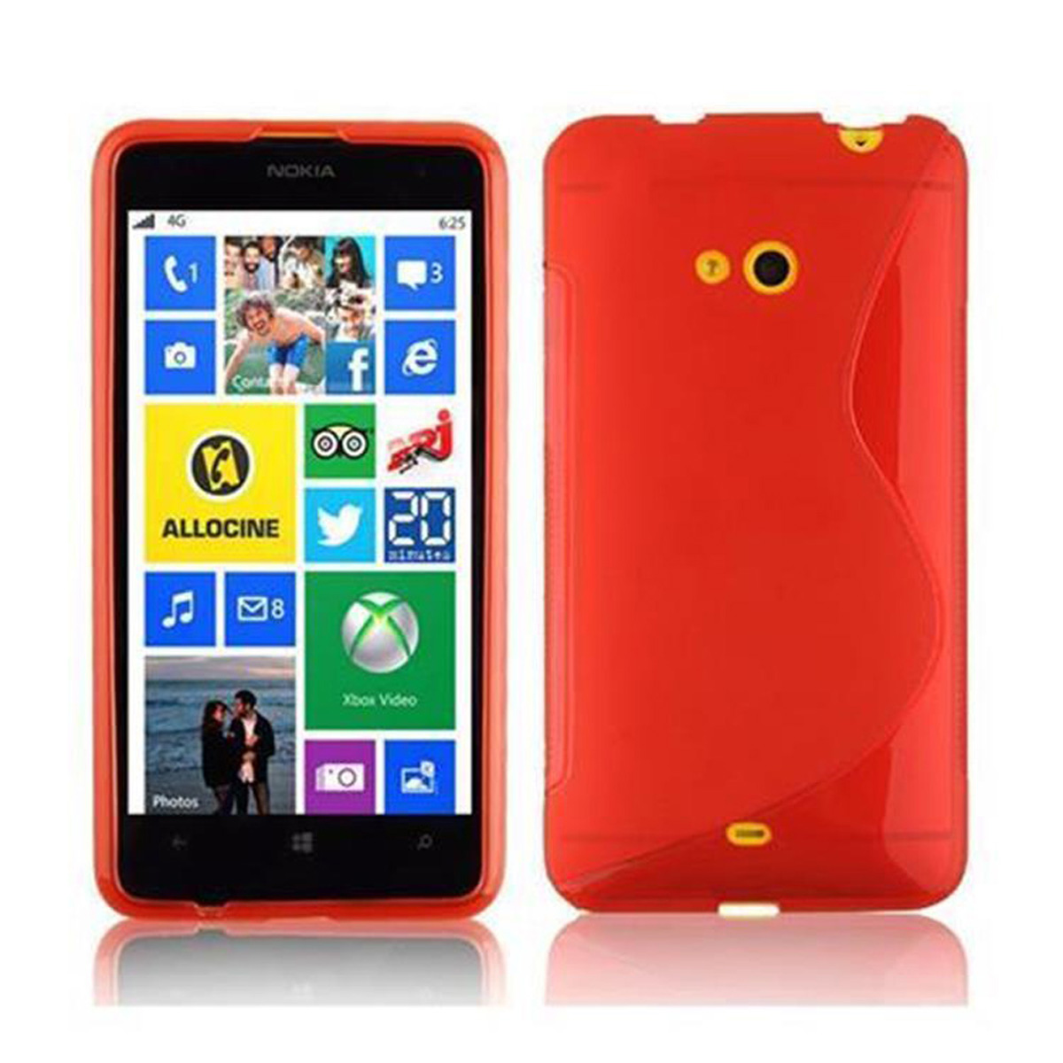 Smartphone Nokia rosso con icone sullo schermo e custodia rossa abbinata.