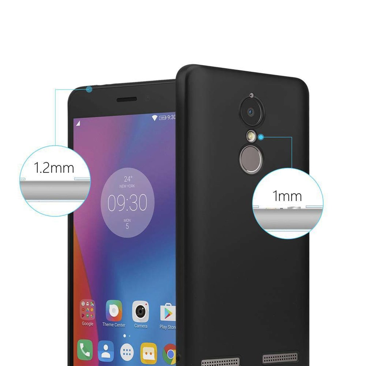 Telefono con custodia nera, schermo che mostra un'interfaccia colorata. Testo: dettagli di 1,2 mm e 1 mm.