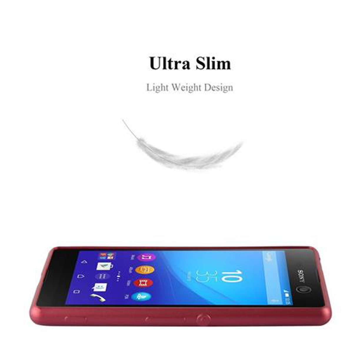 Custodia rossa per telefono e un telefono, con testo 'Ultra Slim Light Weight Design'.