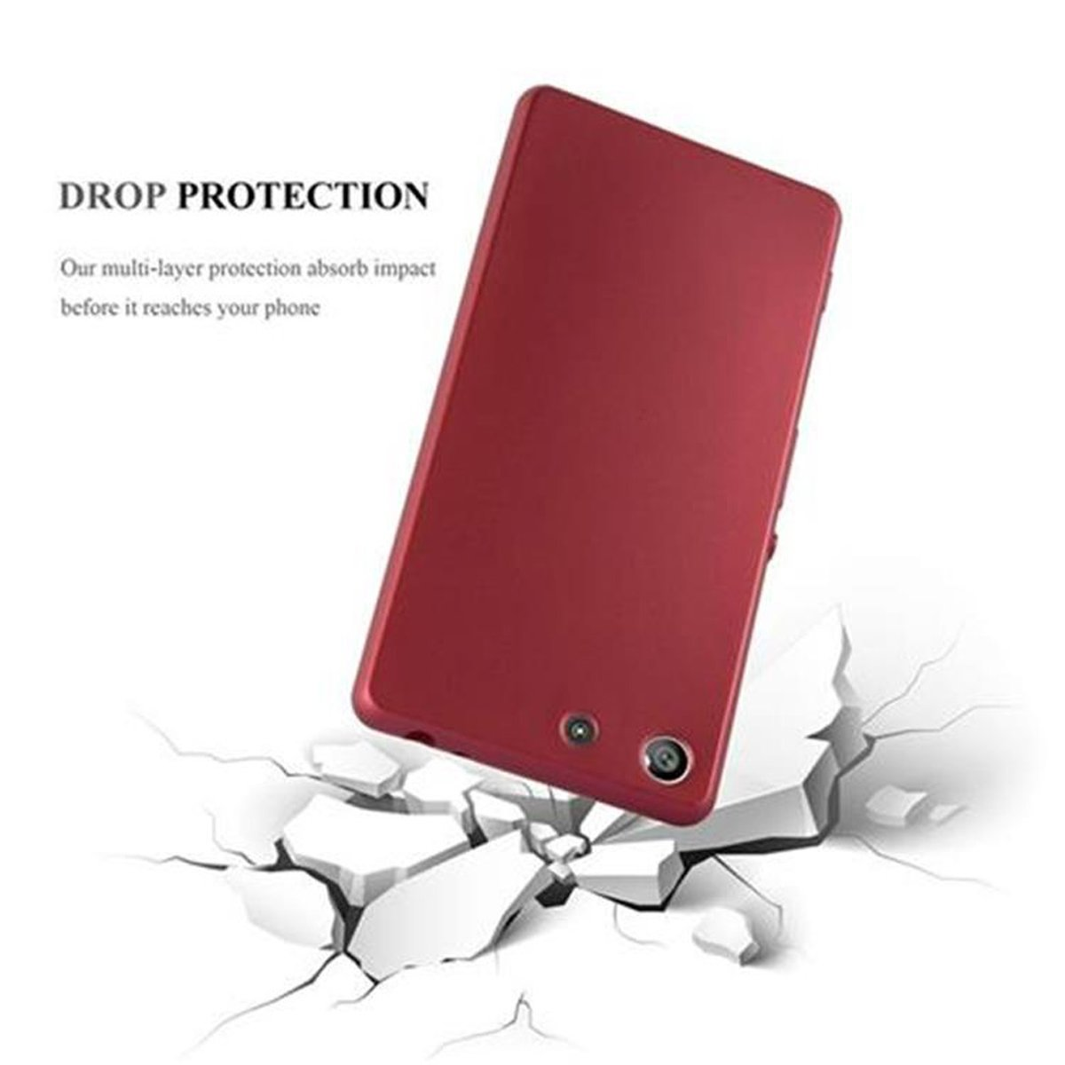 Una custodia rossa per telefono viene mostrata, apparentemente in caduta e che rompe una superficie, con il testo 'DROP PROTECTION' sopra.