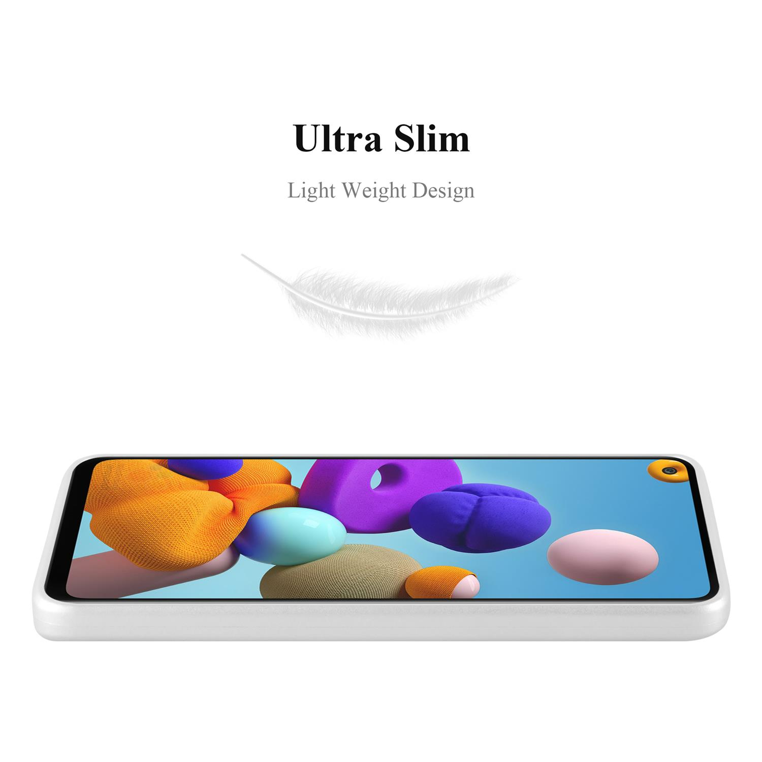 Custodia per telefono ultra sottile. Custodia per telefono con forme astratte colorate sullo schermo. Sfondo bianco.
