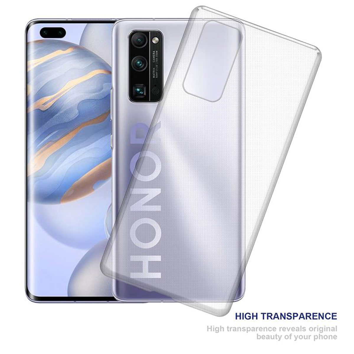 Ein Telefon und eine transparente Hülle. Auf dem Telefon steht 'HONOR'.