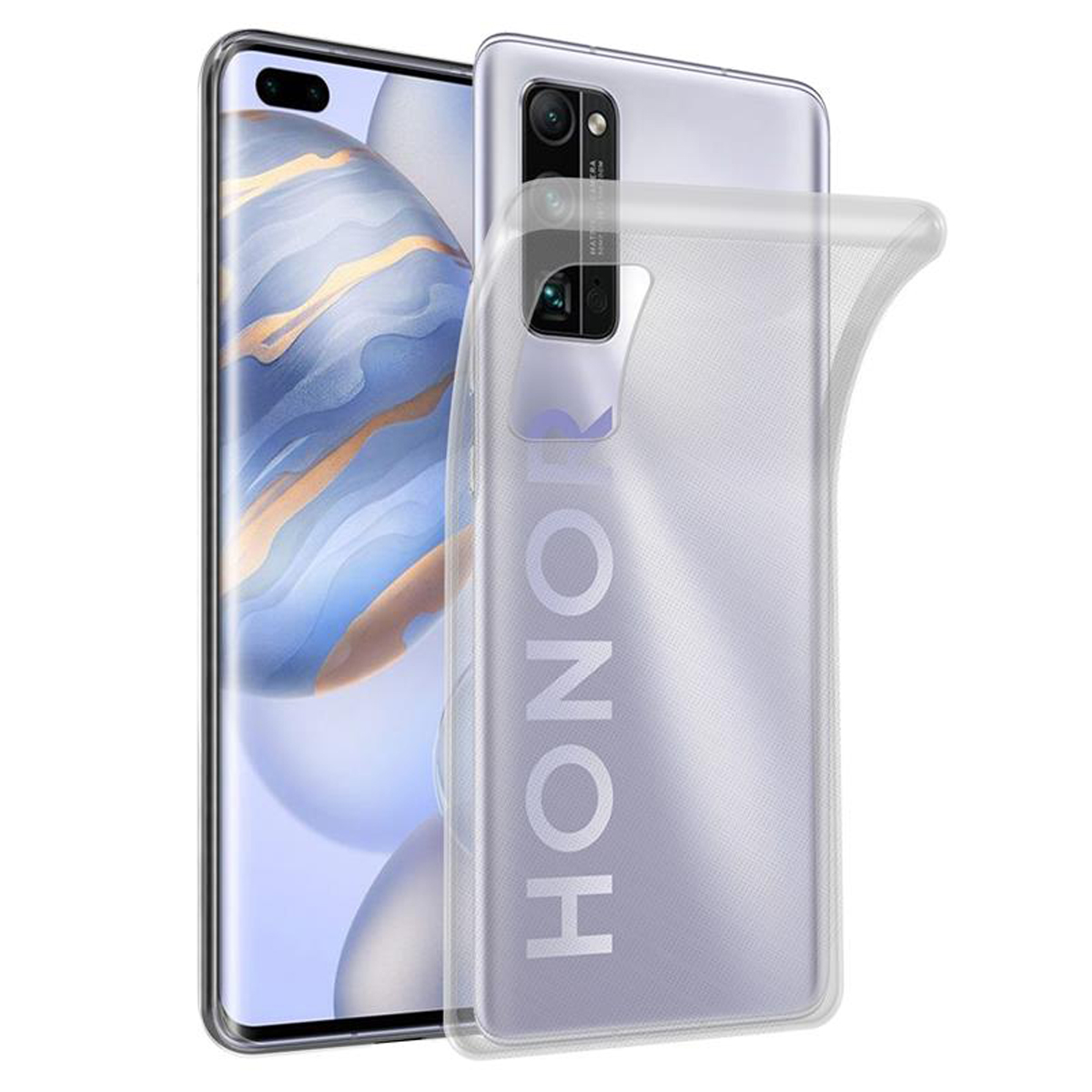 Telefon mit klarer Hülle, mit dem Wort "HONOR" auf der Rückseite.