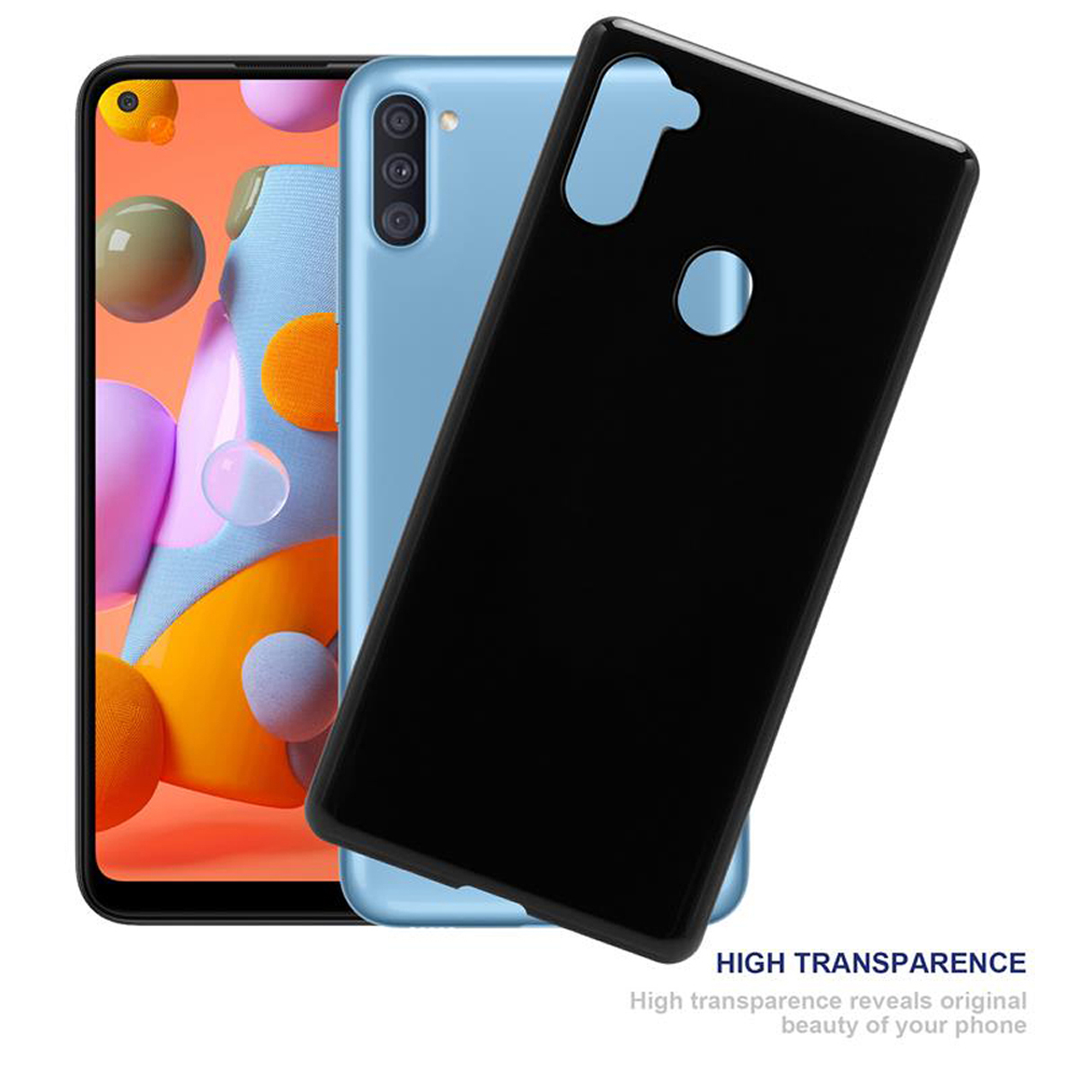 Due telefoni e una custodia. La custodia è nera, con un telefono dentro e un altro accanto.