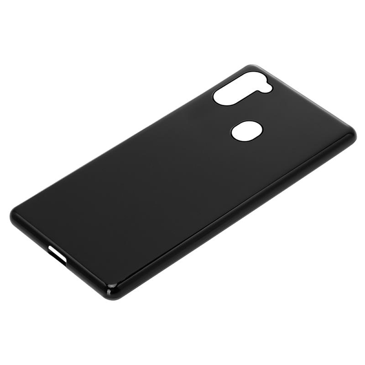 Custodia nera per telefono con fori per fotocamera e altre funzioni.