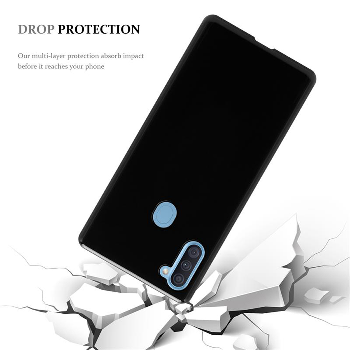 Custodia nera per telefono su terreno crepato, con testo 'Drop Protection' e descrizione.