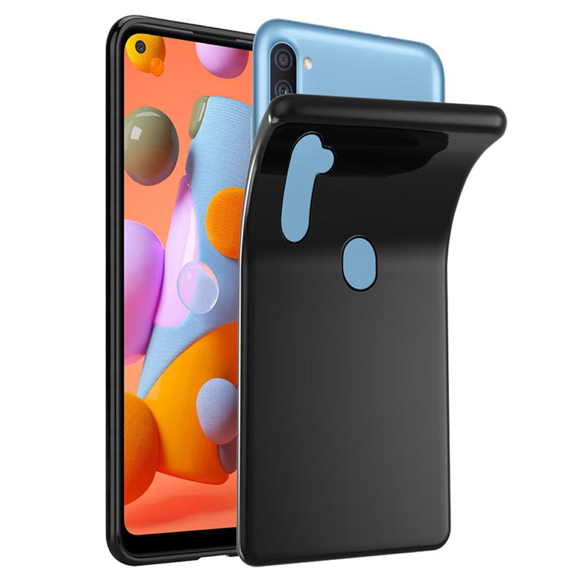 Telefono e custodia sono visibili. La custodia è nera e mostra il retro del telefono. Il telefono è nero e arancione.