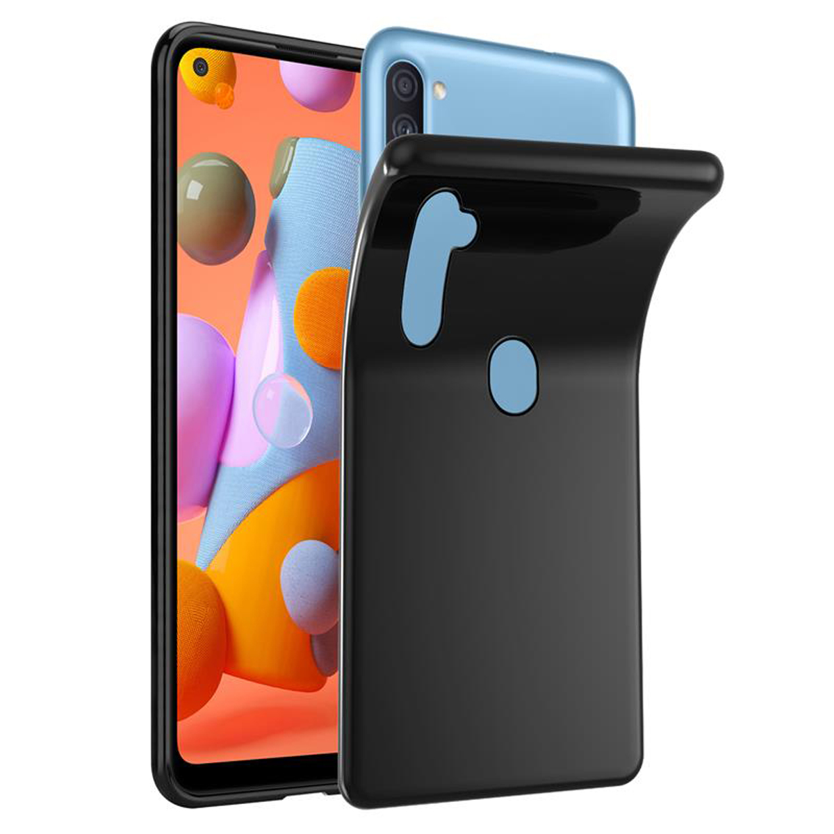 Custodia nera per telefono. Il telefono ha retro blu, cornice nera e fotocamera.
