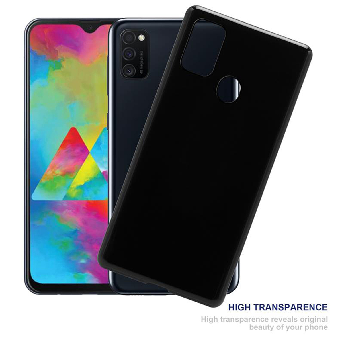 Drei Smartphones, schwarz und blau, eines mit schwarzer Hülle. Weißer Hintergrund.