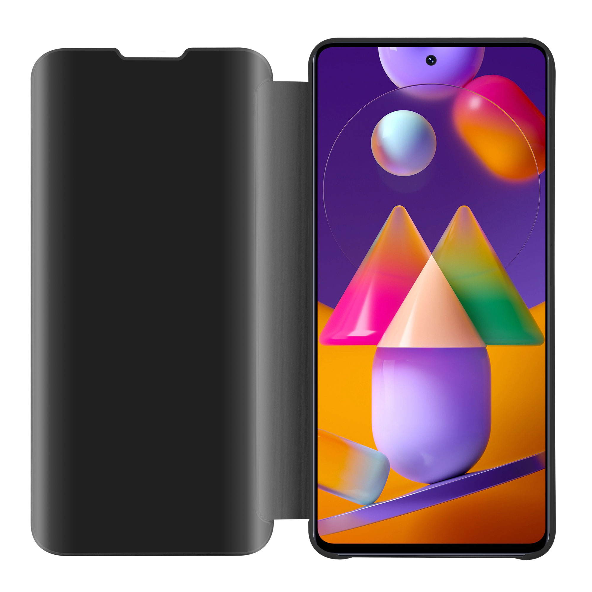 Un telefono in una custodia a ribalta nera, aperta. Lo schermo mostra un design astratto e colorato.