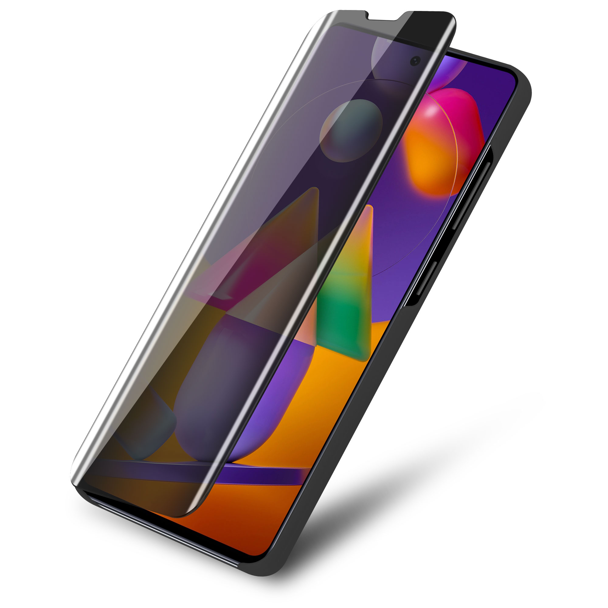 Telefono e protezione schermo con uno sfondo colorato.