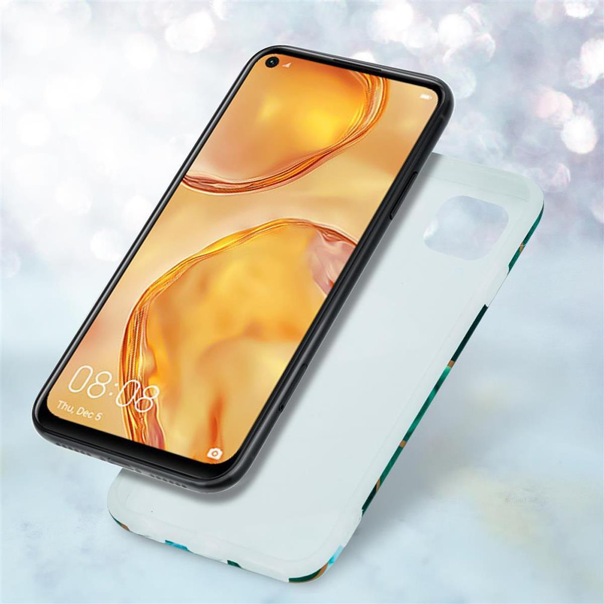 Smartphone con display dorato e custodia bianca con motivi blu e verdi.
