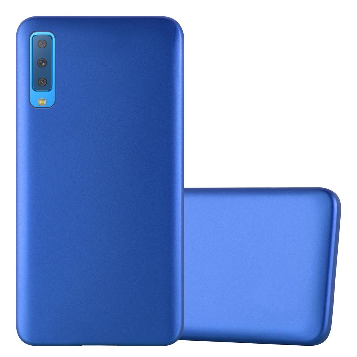 Blaue Handyhülle, die die Rückseite eines Telefons bedeckt. Die Hülle ist einfarbig blau mit glatter Oberfläche.