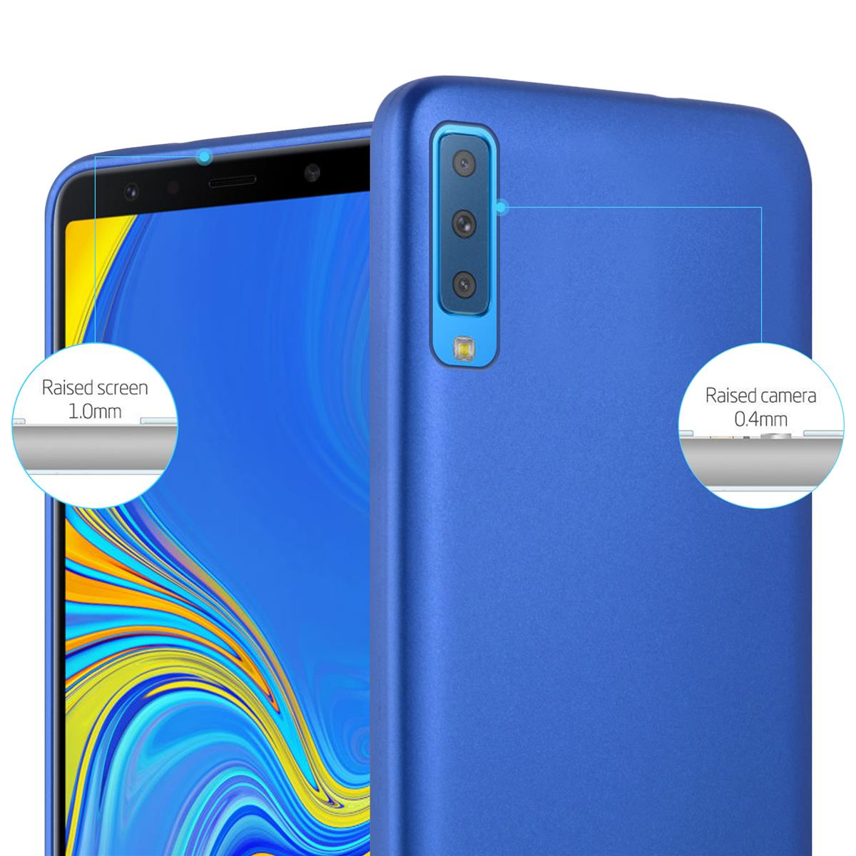 Blaue Handyhülle mit sichtbarem Telefonbildschirm. Erhöhter Bildschirm und Kameradetails.