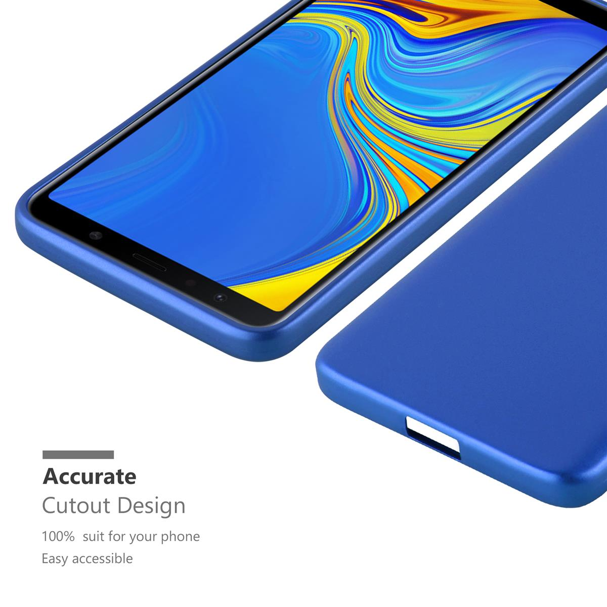 Eine blaue Handyhülle mit einem Telefon darin. Es hat ein präzises Ausschnittdesign für das Telefon.