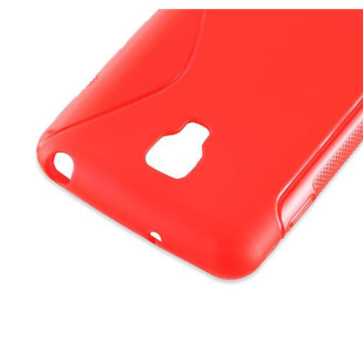 Primo piano di una custodia per telefono rosso brillante con fori.