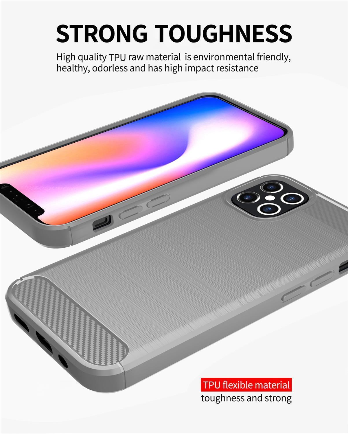 Vengono mostrate due custodie per telefono grigie. Testo: Forte resistenza. Materiale TPU flessibile. Superficie strutturata.
