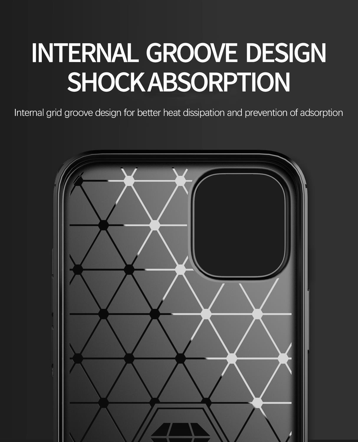 Custodia per telefono nera con design a griglia e testo: Internal Groove Design Shock Absorption.