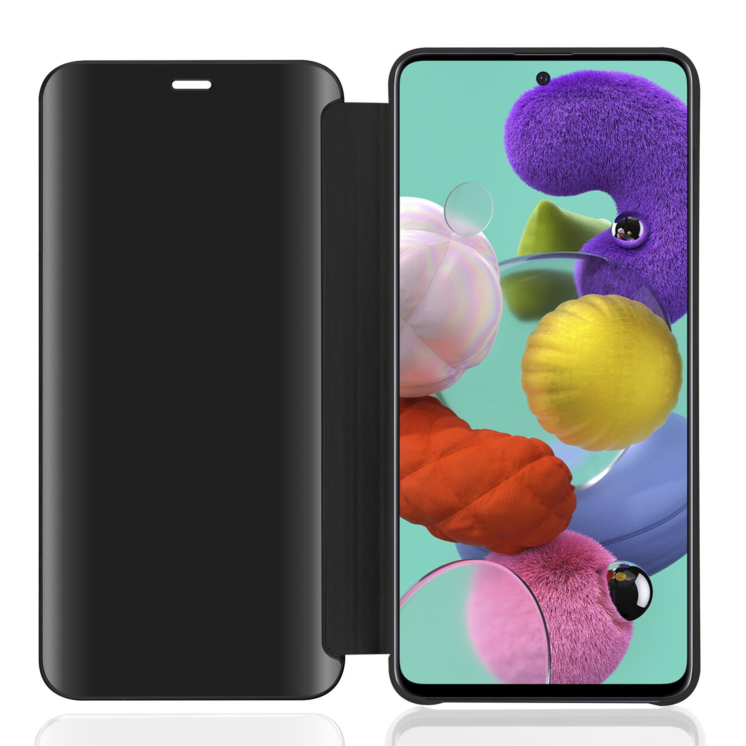 Una custodia per telefono nera con lo schermo del telefono visibile. Il telefono mostra oggetti colorati.