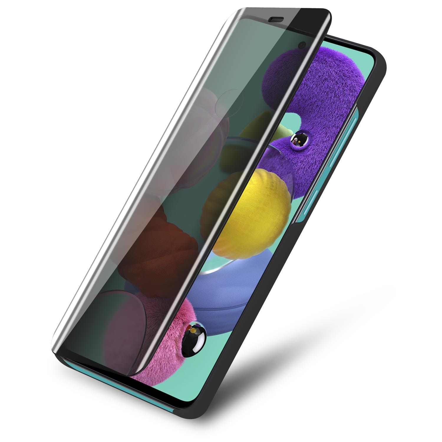 Un telefono con protezione schermo. Lo schermo del telefono mostra un design astratto colorato.