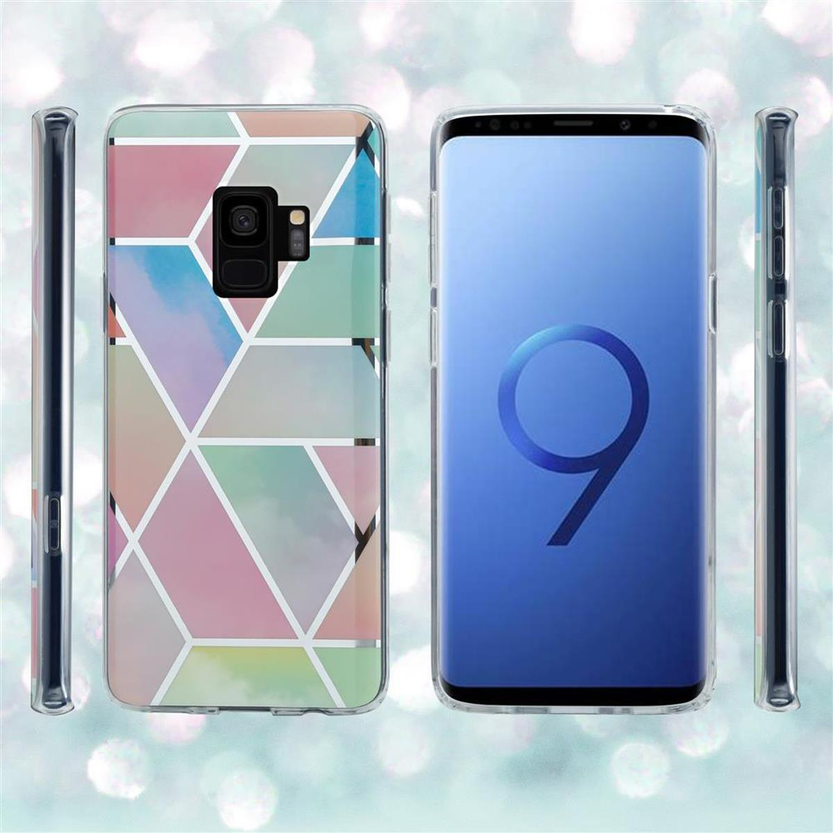 Due telefoni con custodie, motivo geometrico e sfondo blu.