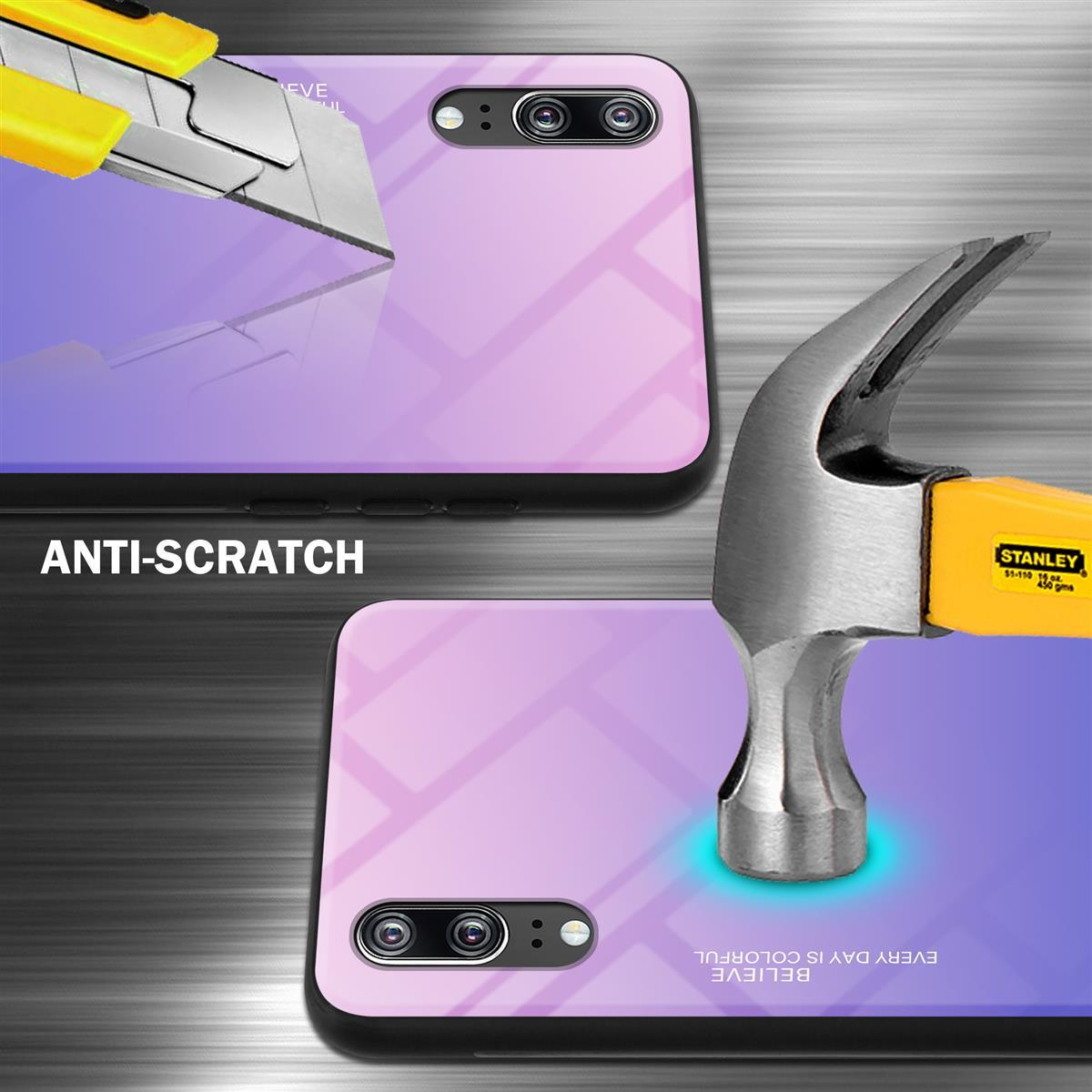 Una custodia per telefono viene graffiata con un coltello. Un martello sta colpendo l'altro lato. Viene mostrato il testo antigraffio.