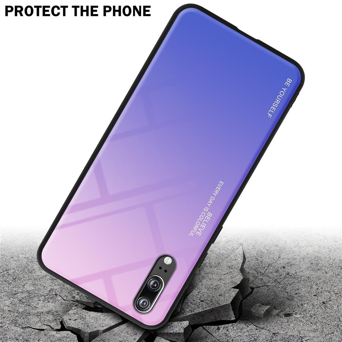 Una custodia per telefono con gradiente viola e blu, effetto crepa e testo.