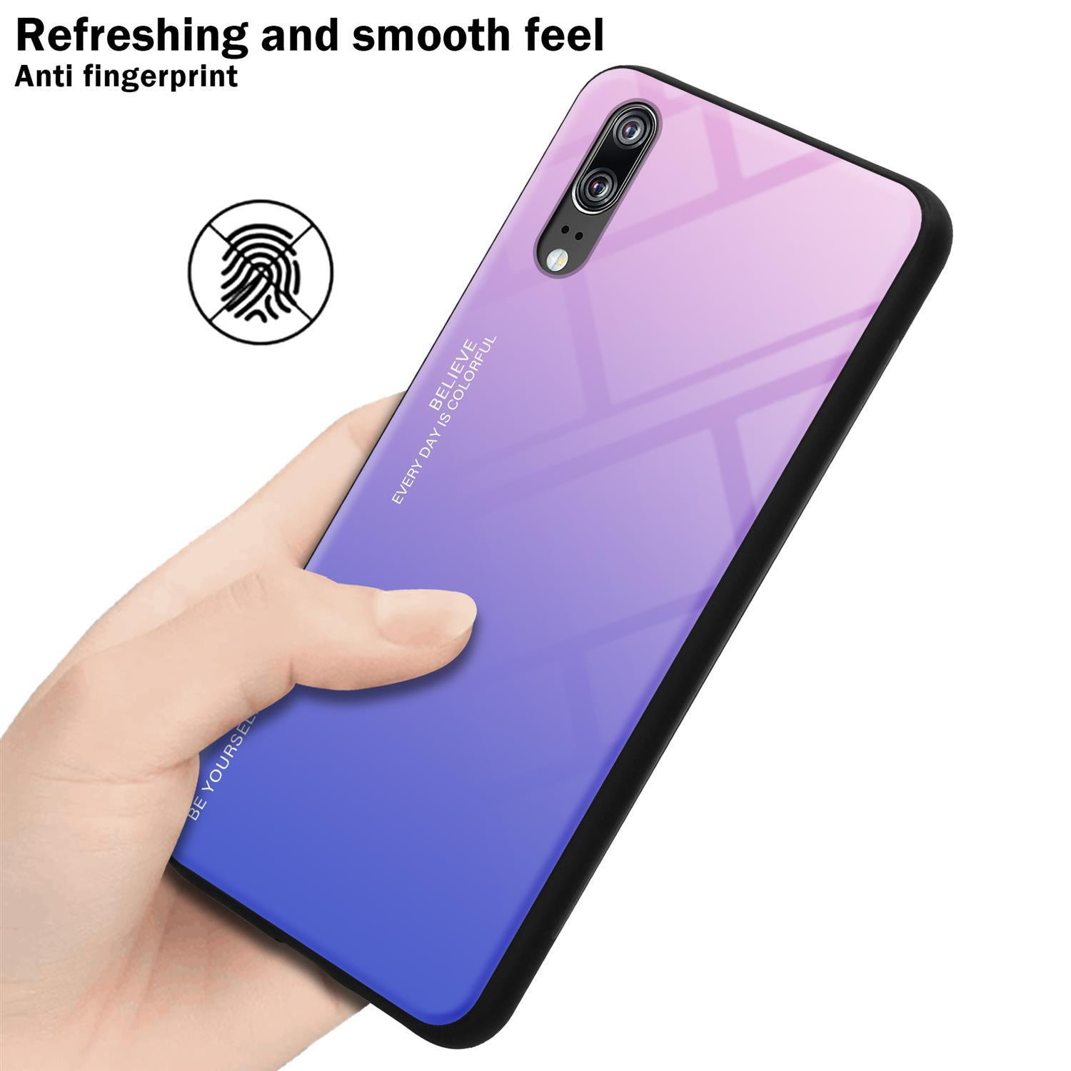 Telefono sfumato viola-blu, tenuto in mano, icona impronta digitale.