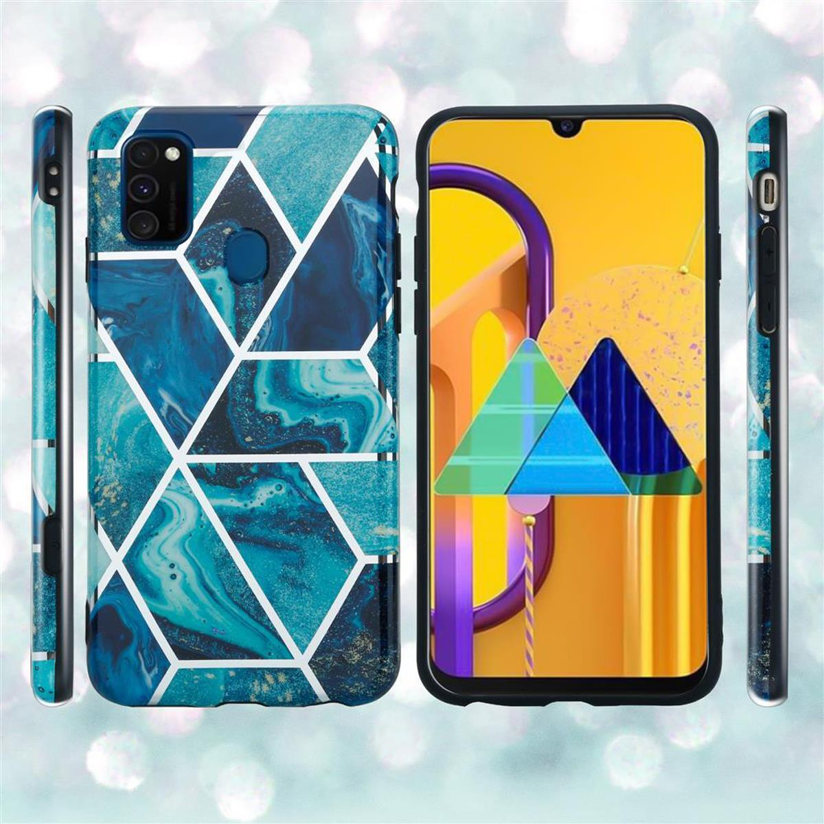 Custodie blu per telefono con design geometrico. Uno mostra lo schermo, gli altri sono il lato e il retro.