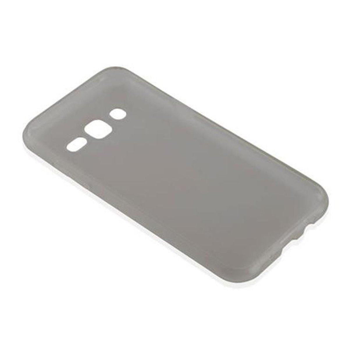 Una custodia grigia per telefono con ritagli per la fotocamera e altre porte.