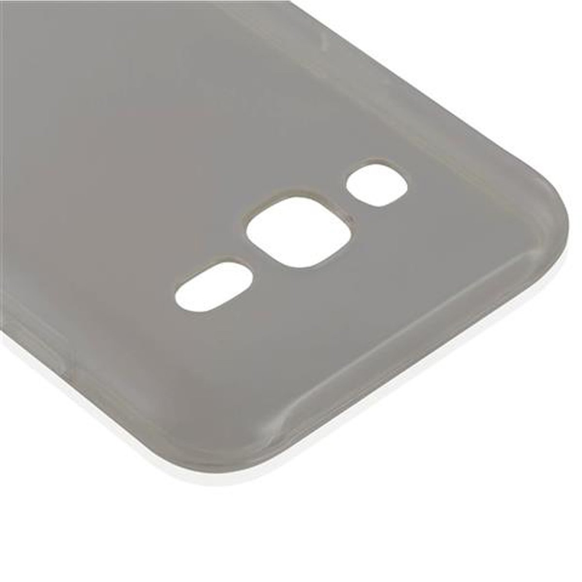Un primo piano di una custodia grigia per telefono, che mostra le aperture per la fotocamera e i pulsanti.