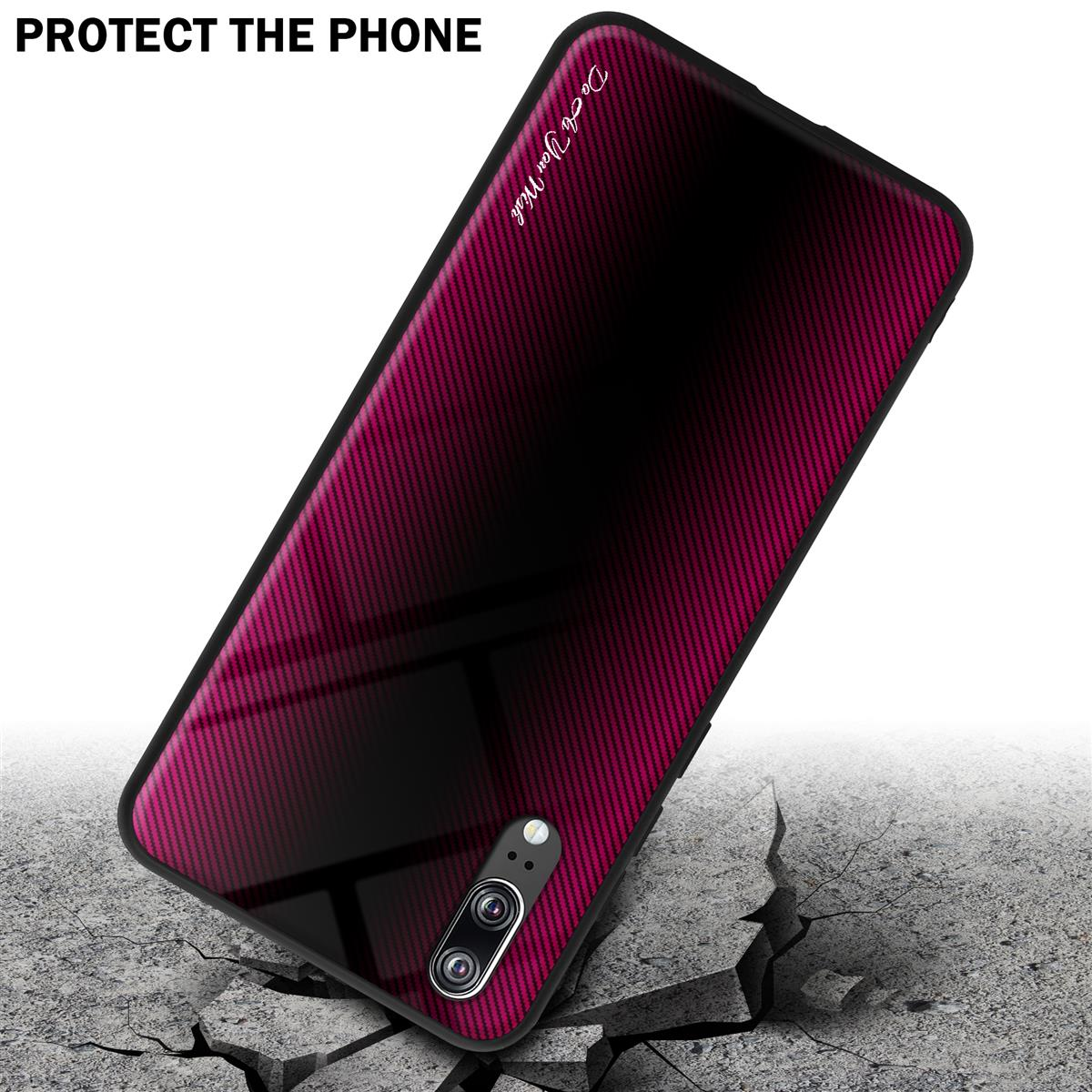 Custodia del telefono su superficie incrinata. La custodia è rossa con motivo e ha un ritaglio per la fotocamera.