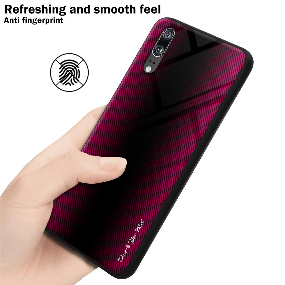 Mano che tiene una custodia per telefono con design rosso e nero, icona dell'impronta digitale e testo.