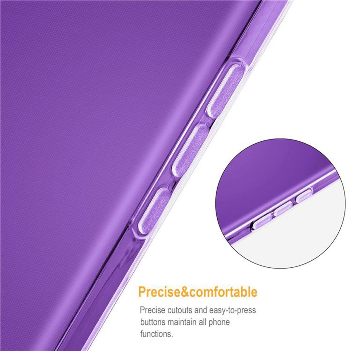 Primo piano di custodia viola con pulsanti. Testo: Preciso e confortevole, Ritagli precisi, pulsanti facili da premere.