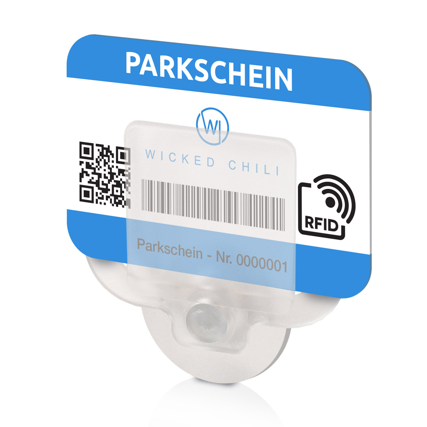Parkticket mit QR-Code und RFID-Symbol auf weißem Hintergrund.