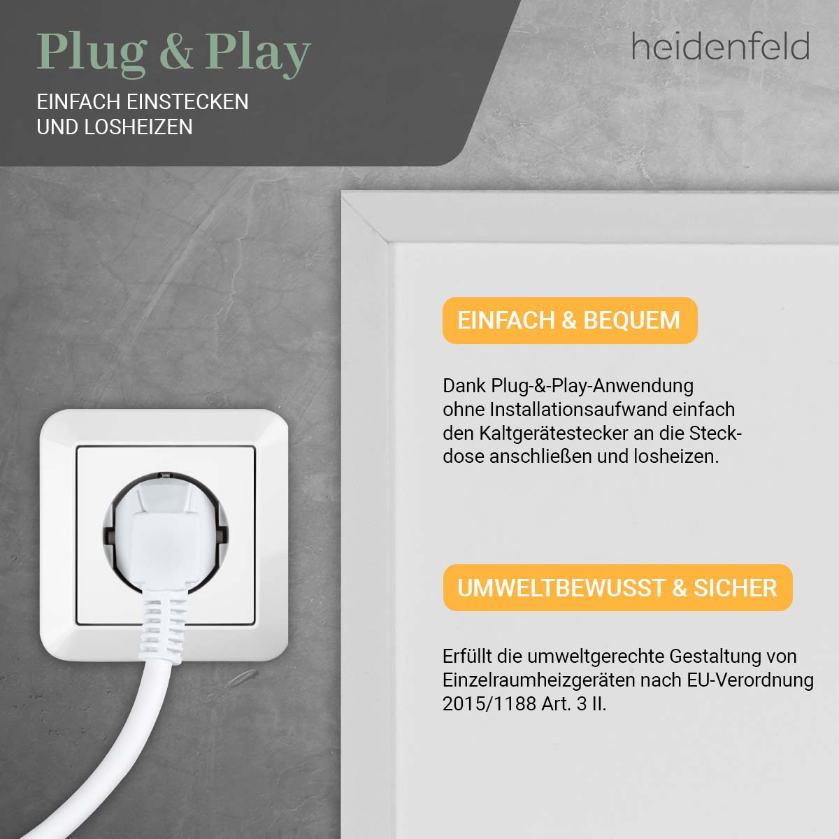 Eine Steckdose mit eingestecktem Stecker, mit deutschem Text, der die 'Plug & Play'-Funktionalität bewirbt.