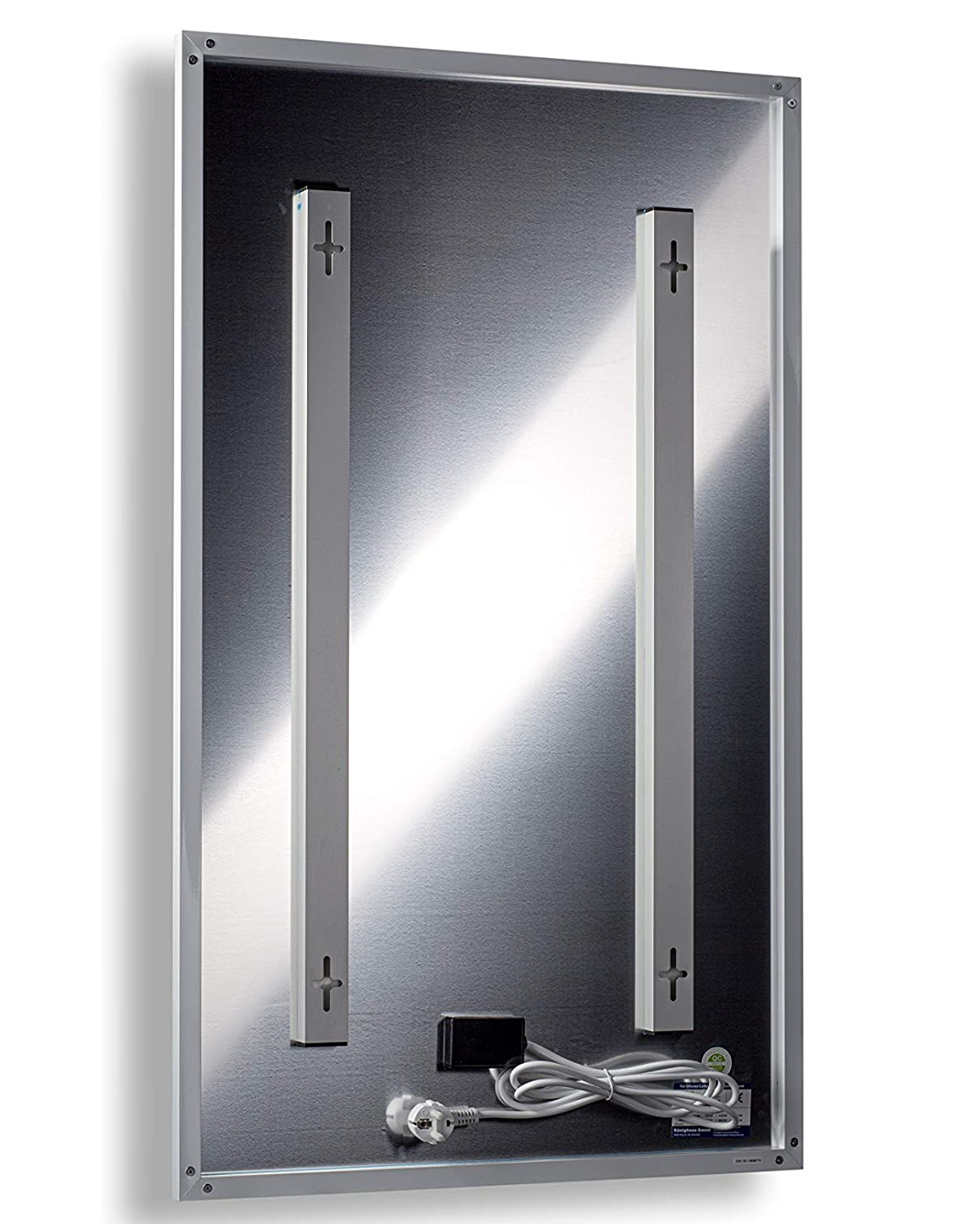 Rückseite eines Spiegels mit Metallhalterungen, einem Netzkabel und einem Stecker.