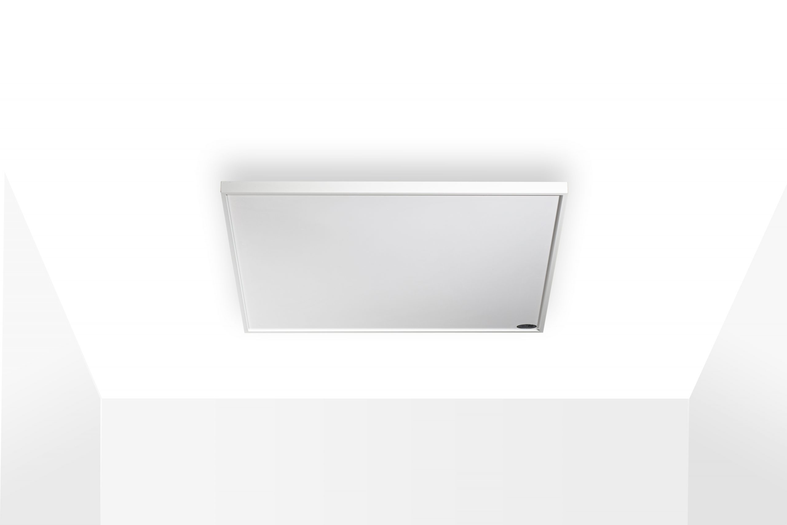 Weißes Deckenpaneel mit schwarzem Punkt. Schlichtes und minimalistisches Design.