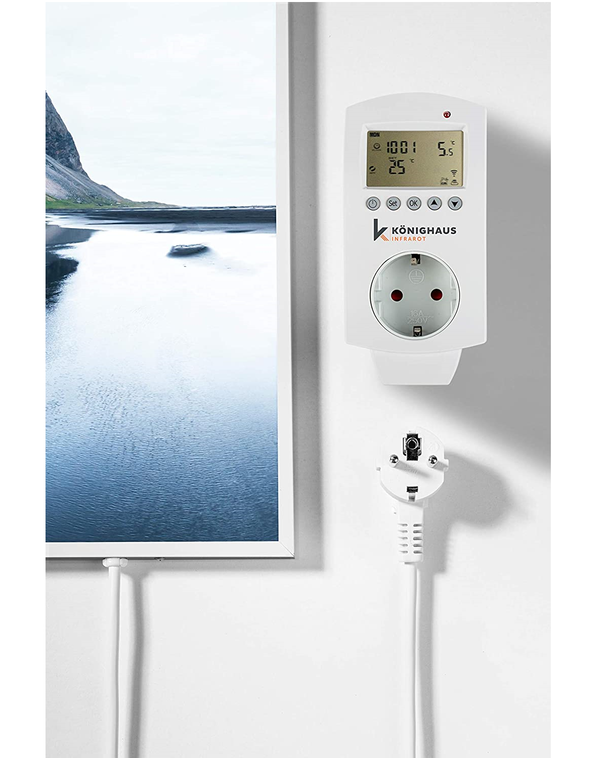 Ein Wandgerät mit Bildschirm und Knöpfen, mit Stecker und einem Landschaftsgemälde im Hintergrund.