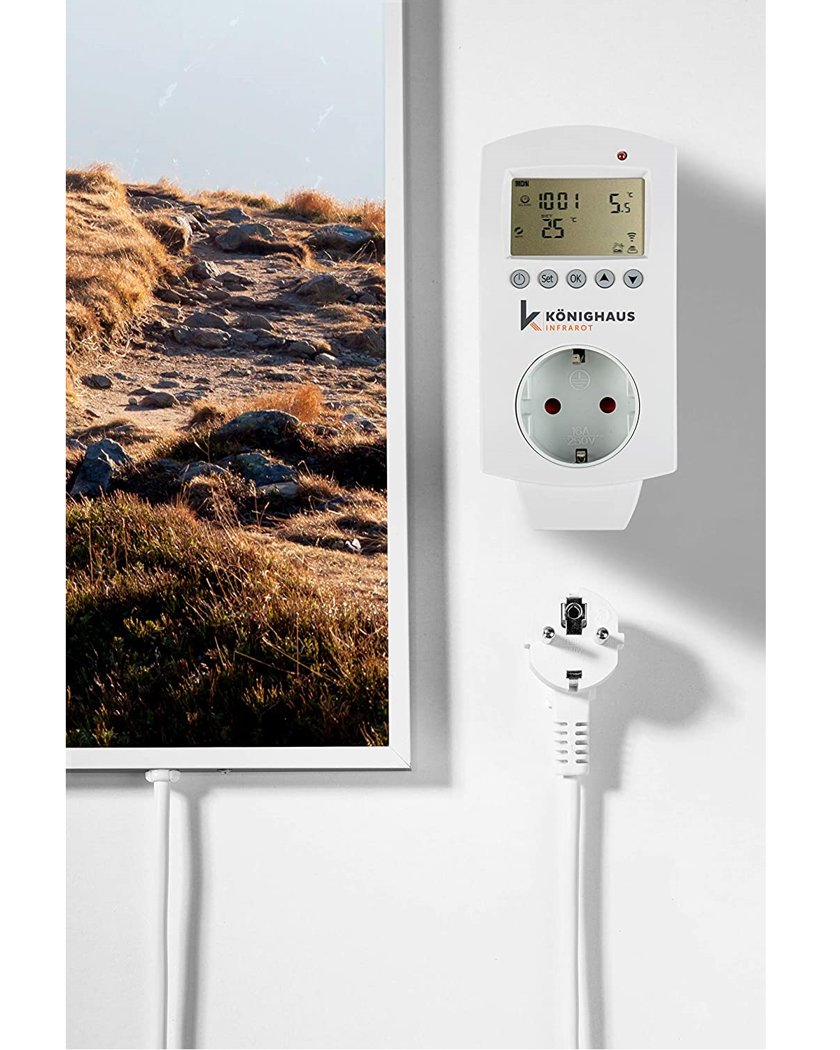 Weiße Wand mit einem Bild und einem Smart Plug. Das Bild zeigt eine Landschaft. Der Stecker hat einen Bildschirm.
