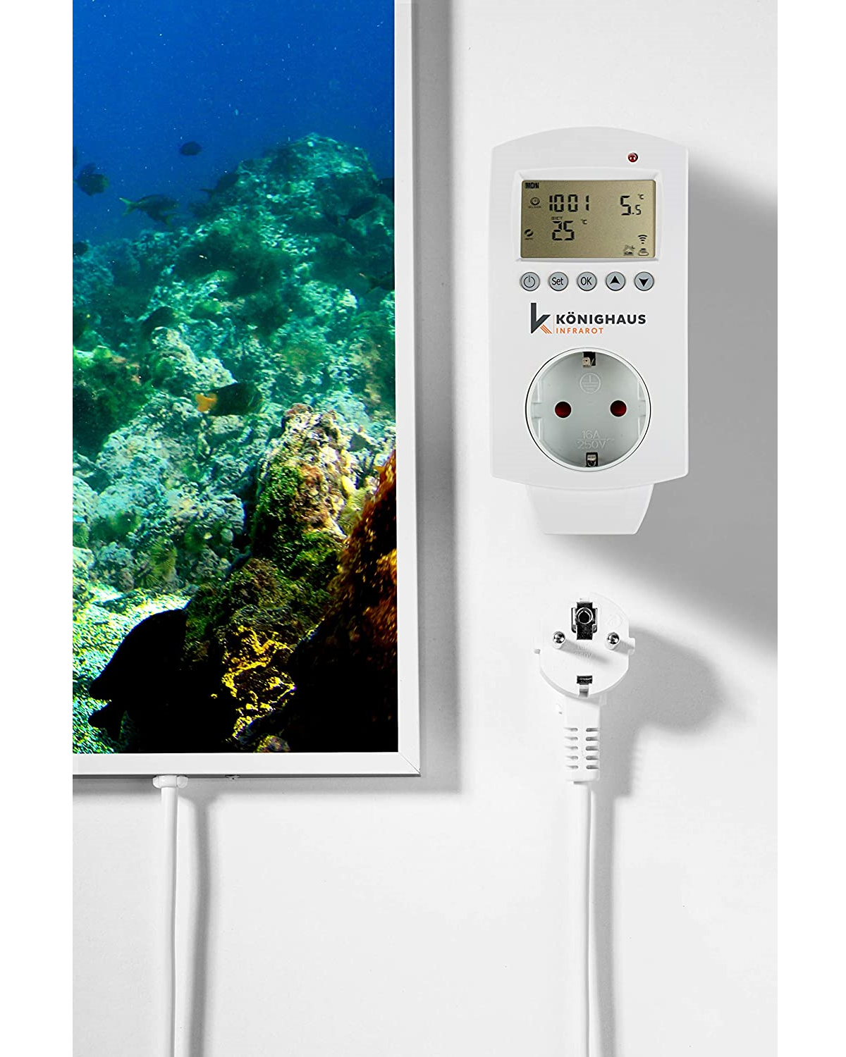 Eine weiße Steckdose mit Digitalanzeige, neben einem Unterwasserszenenbild.