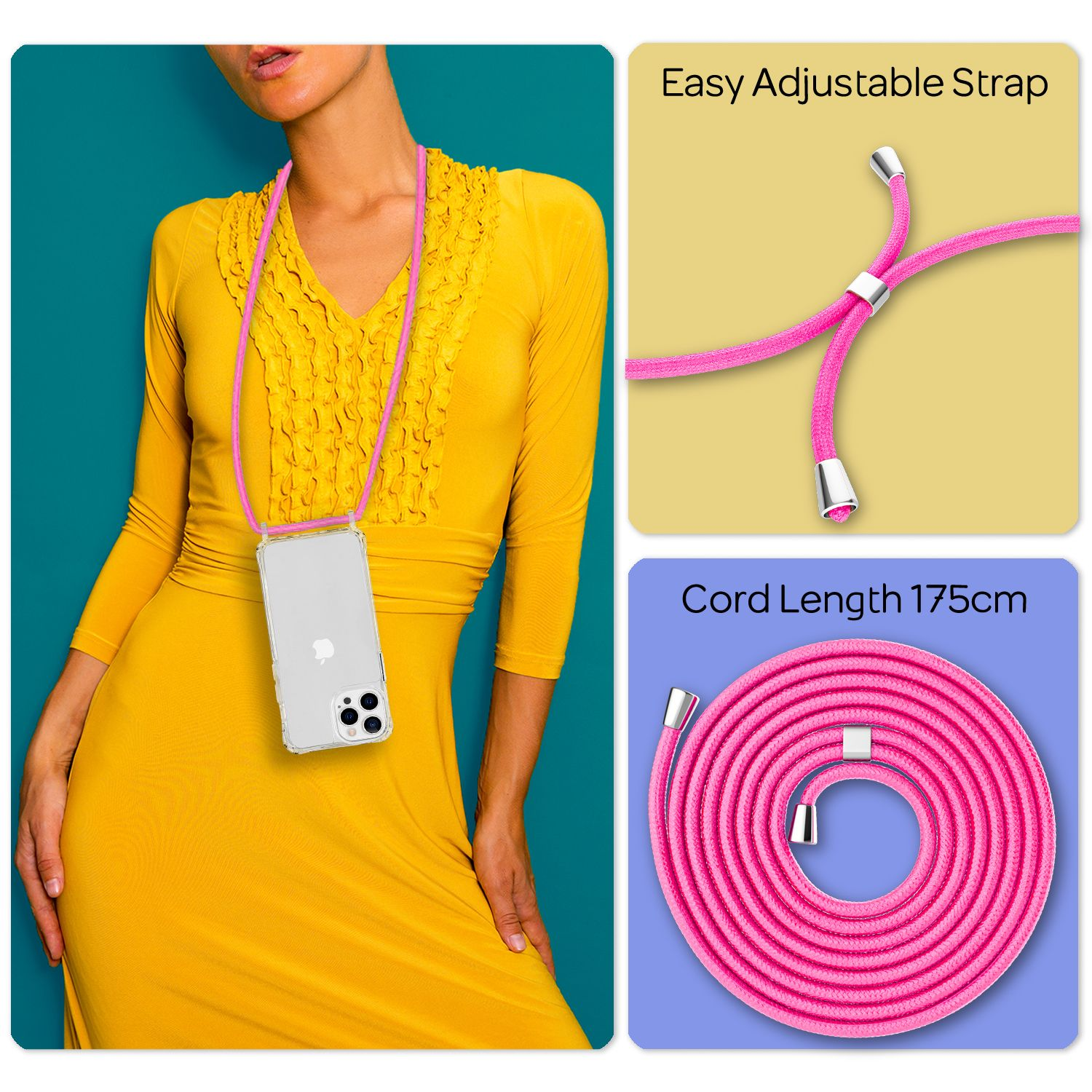 Donna in abito giallo con cinturino rosa per telefono. Primi piani del cinturino e della lunghezza del cavo.