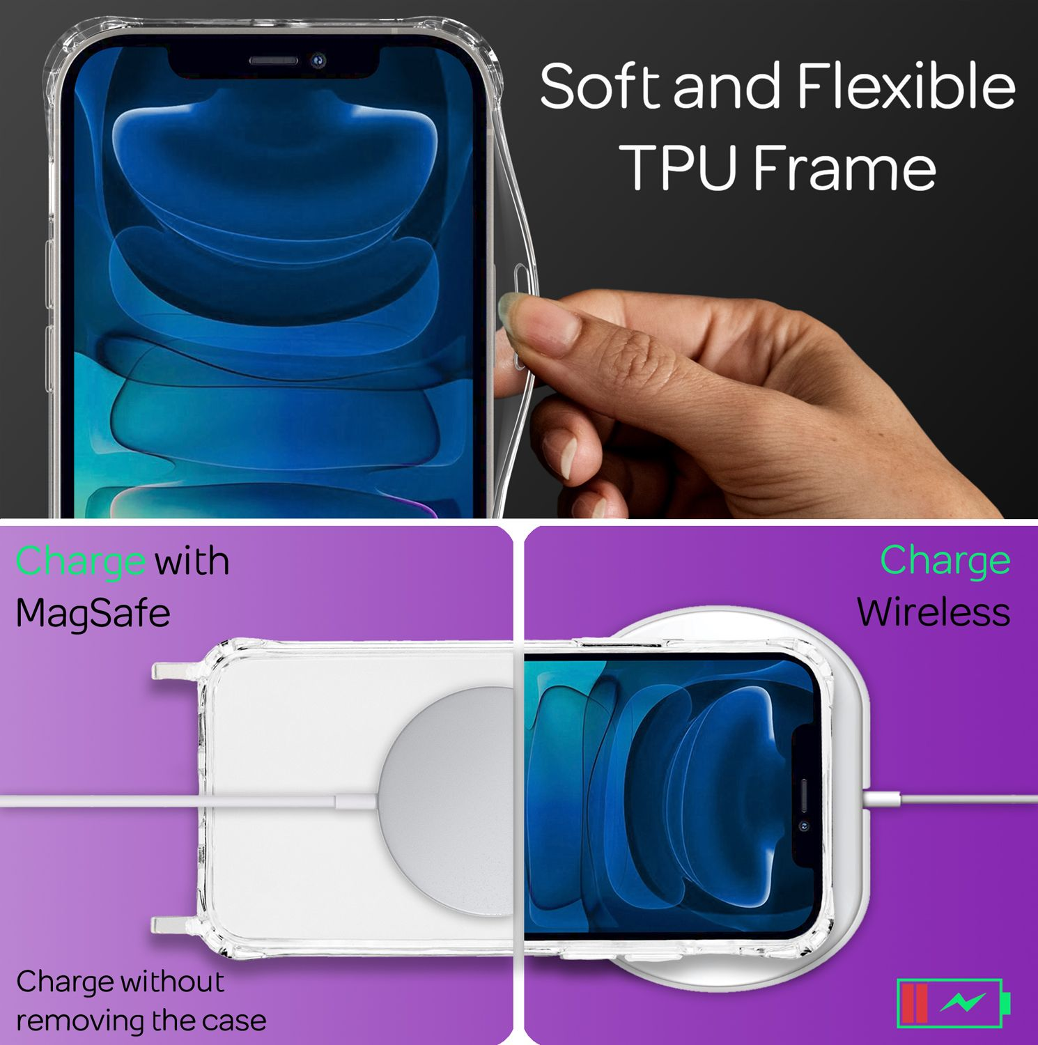 Transparente Handyhülle mit Telefon. Hülle ist flexibel. Telefon wird kabellos geladen.