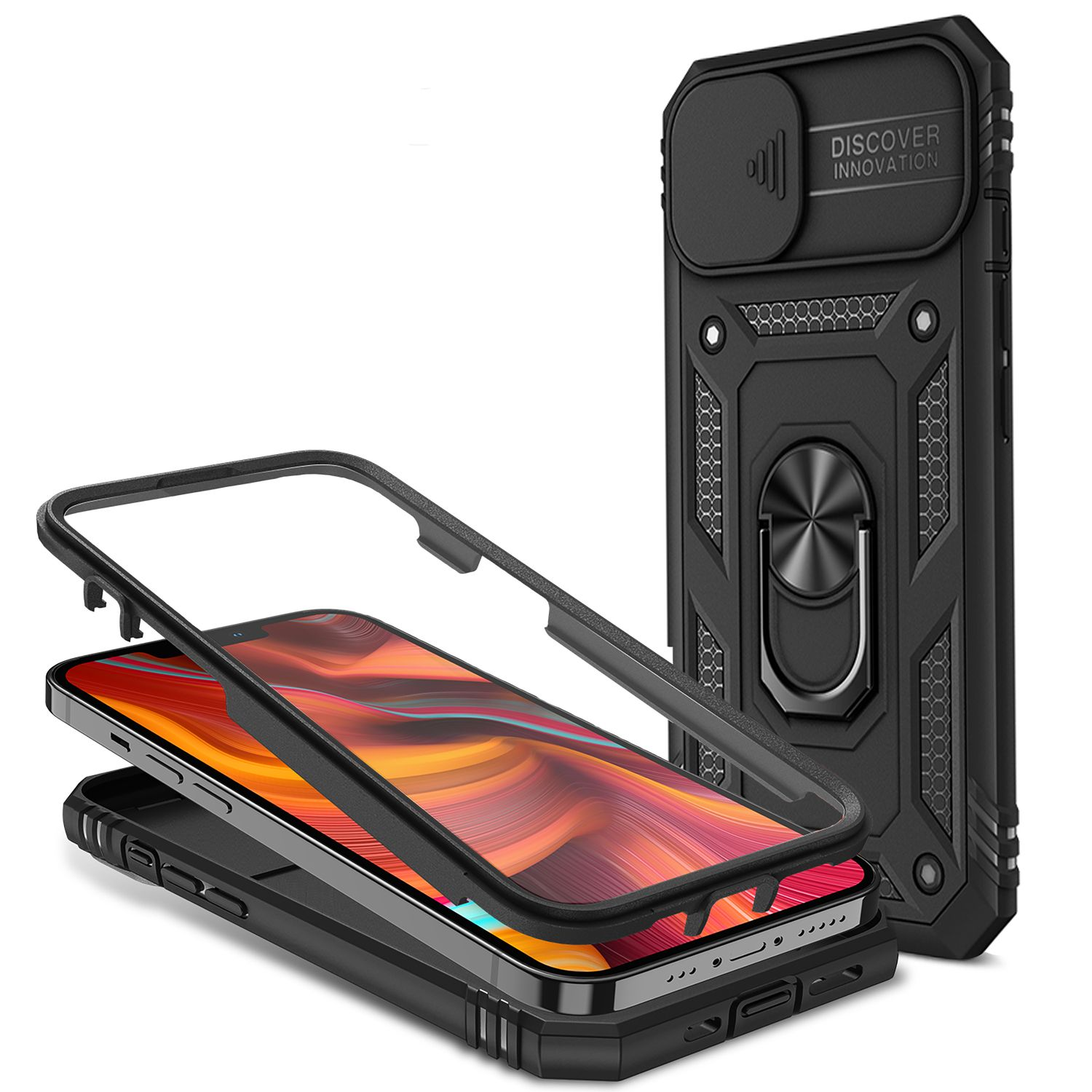 Telefono nero con custodia nera. La custodia ha un anello. Il telefono è parzialmente smontato.