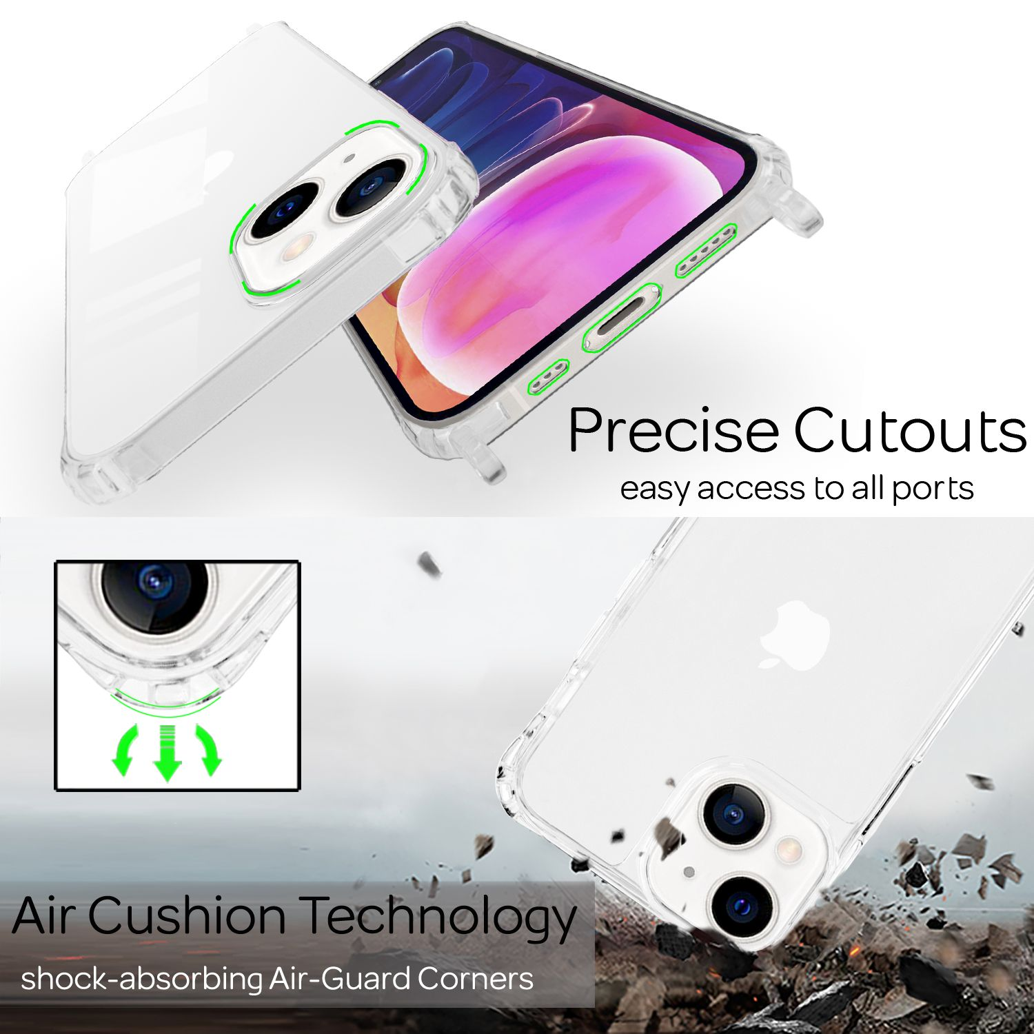 Transparente Handyhülle zeigt ein Telefon. Pfeile zeigen Air Cushion Technologie und präzise Aussparungen. Weißer Hintergrund.