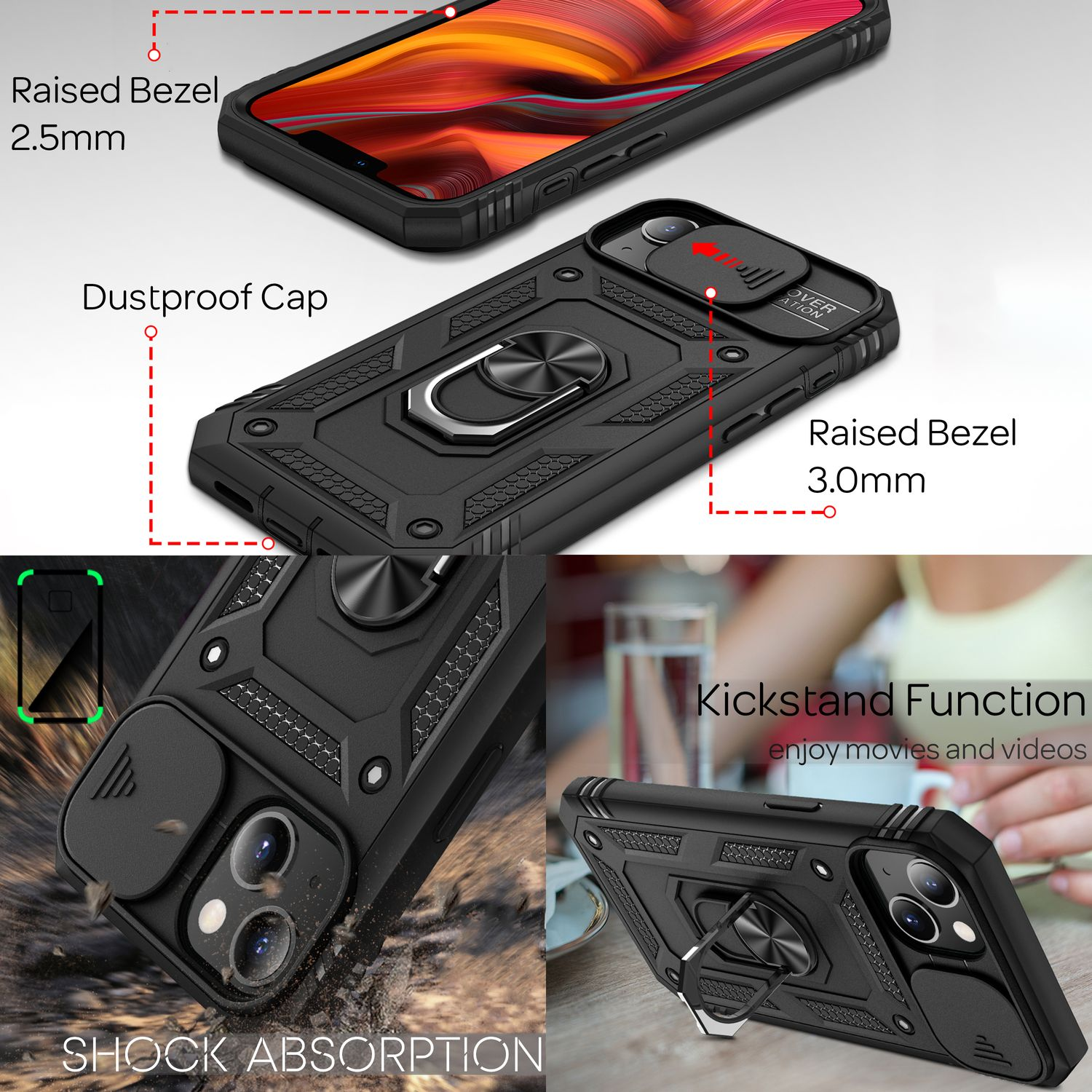 Immagini multiple di una custodia per telefono nera con caratteristiche protettive, tra cui assorbimento degli urti e cavalletto.