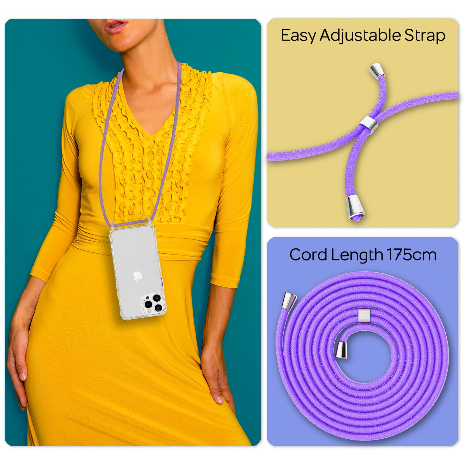 Donna che indossa un vestito giallo con custodia e cinturino per telefono. Immagini aggiuntive mostrano i dettagli del cinturino.