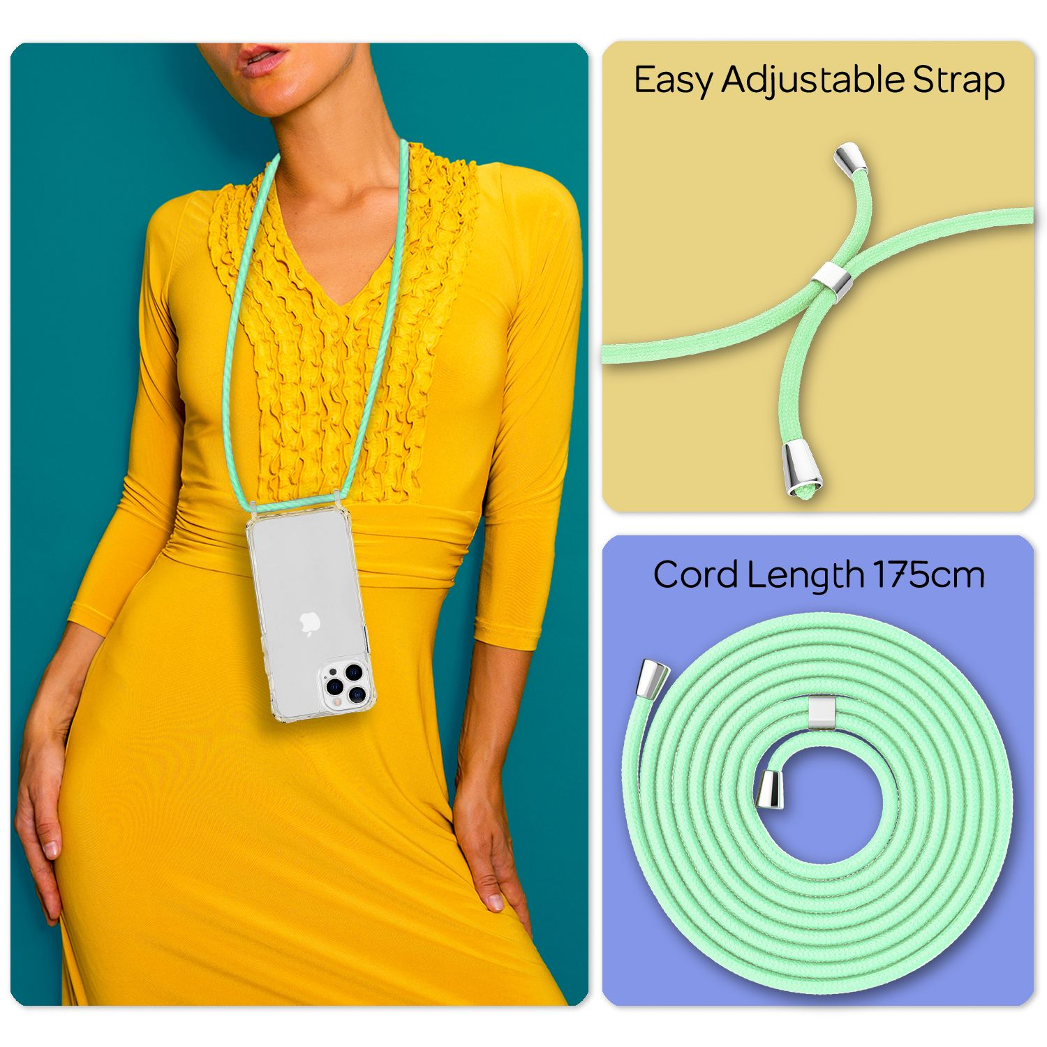 Femme en robe jaune, tenant un téléphone transparent avec un cordon vert clair.