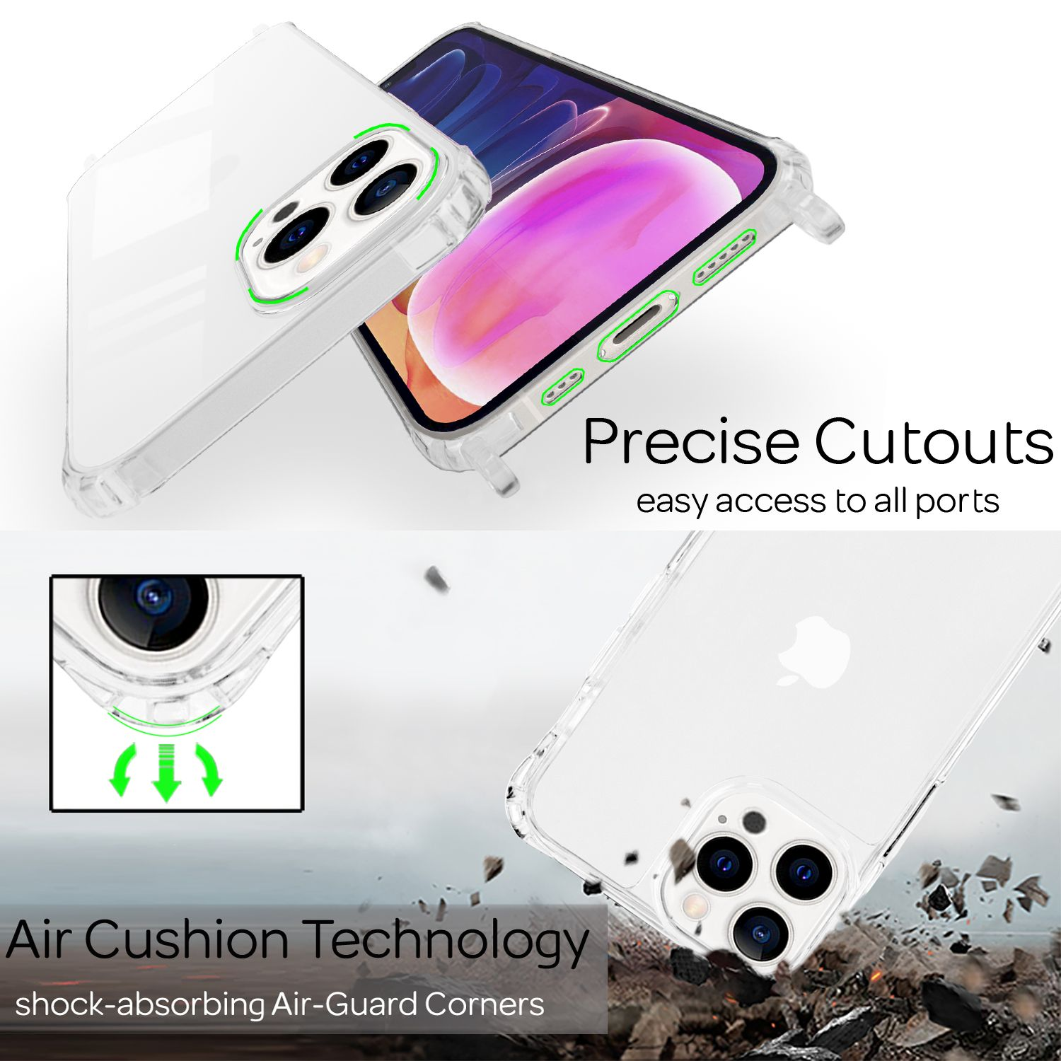 Custodia trasparente con telefono all'interno, mostra ritagli precisi e tecnologia air cushion.